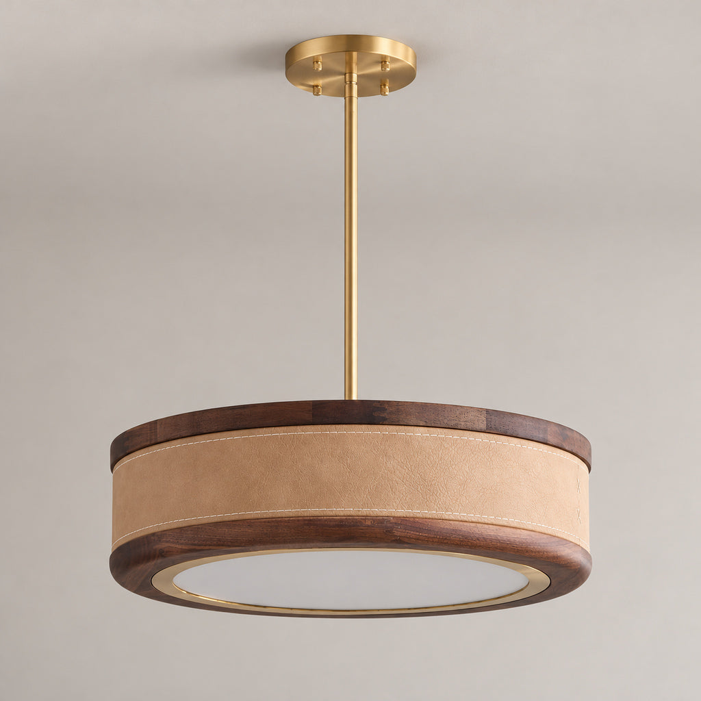 Calvurne walnut and stitched leather pendant, khaki, complete canopy and downrod, light off