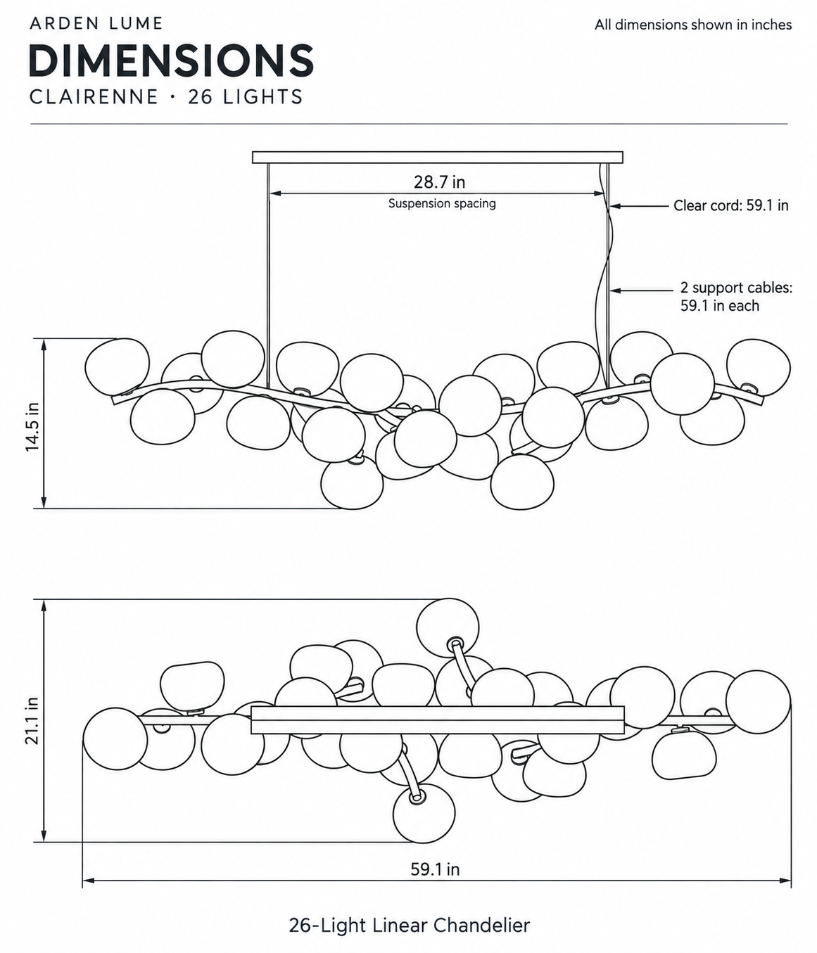 Clairenne 26-light linear chandelier front and plan dimensions: 59.1 in length, 21.1 in depth, 14.5 in body height; suspension spacing 28.7 in; cord and two support cables 59.1 in each.