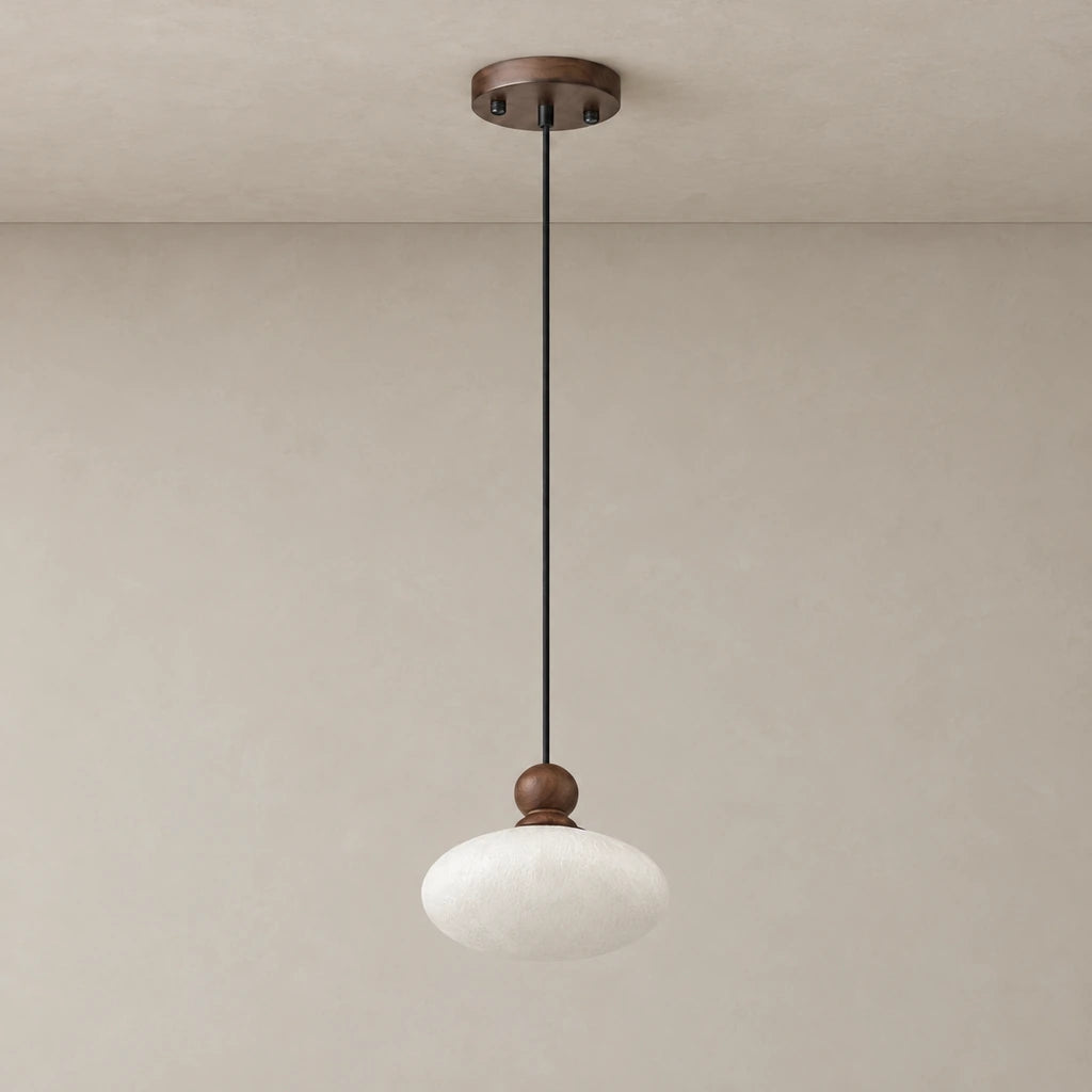 Walnut and mulberry silk mini pendant light, ceiling mounted, unlit complete fixture