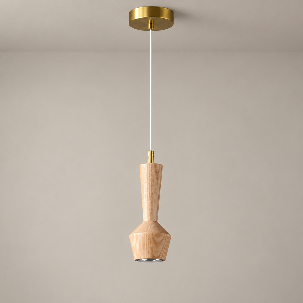 Natural ash wood mini pendant with gold-tone canopy, light off