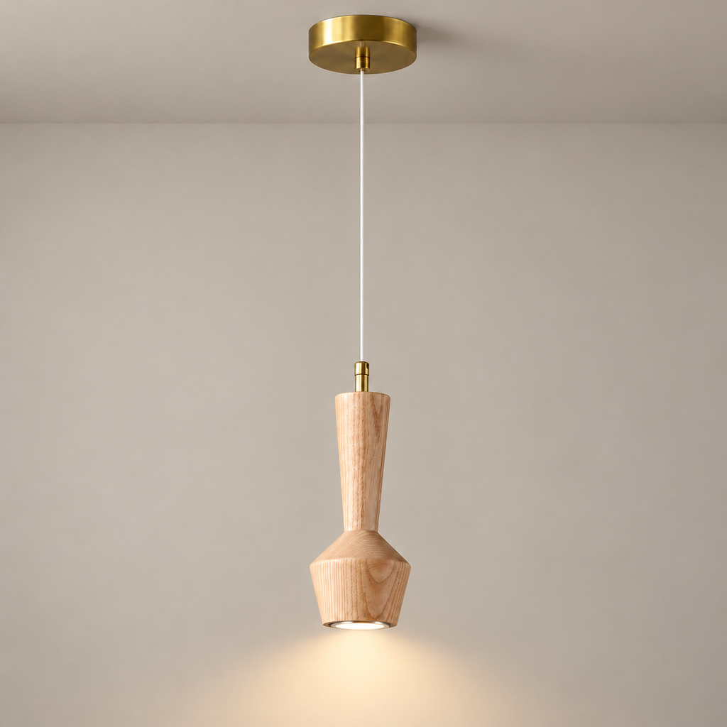 Ash wood mini pendant with warm LED downlight, light on