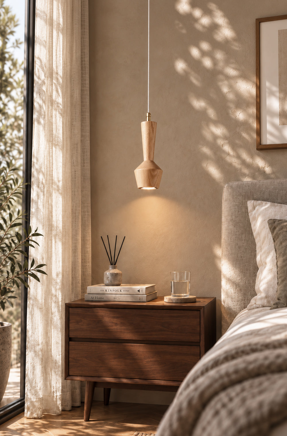 Ash wood pendant in a supplier bedroom or living-space scene