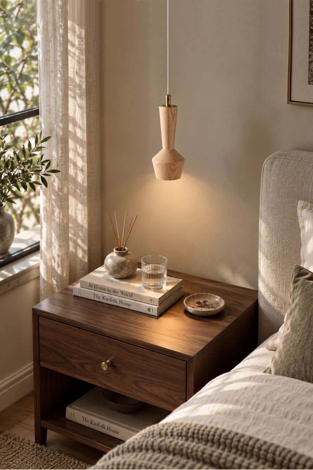 Ash wood pendant in a supplier bedroom or living-space scene