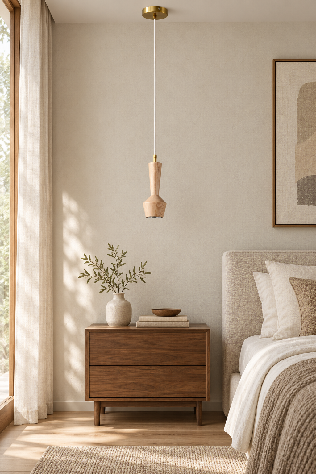 Ash wood mini pendant above a bedside, light off