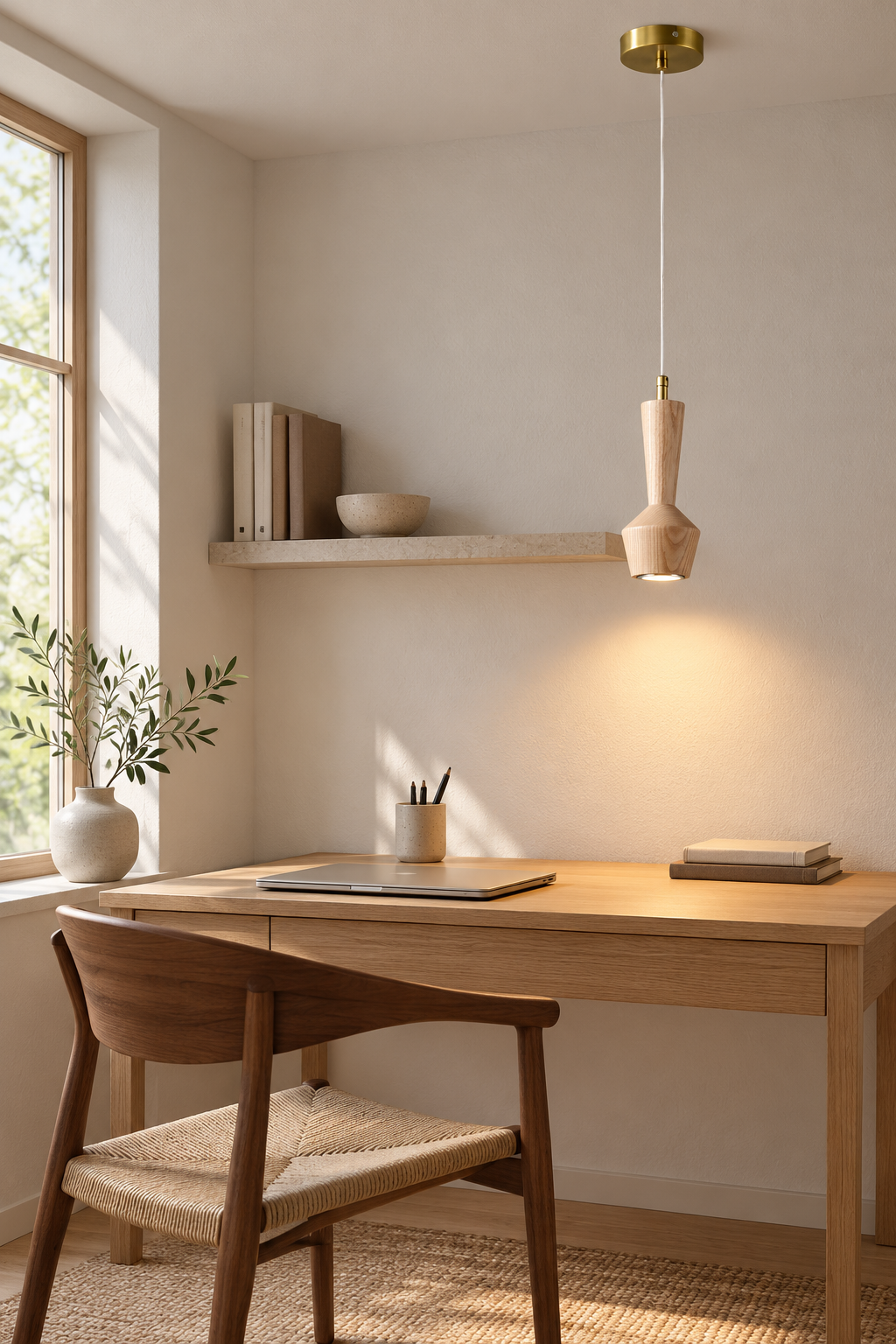 Ash wood mini pendant above a study, light on