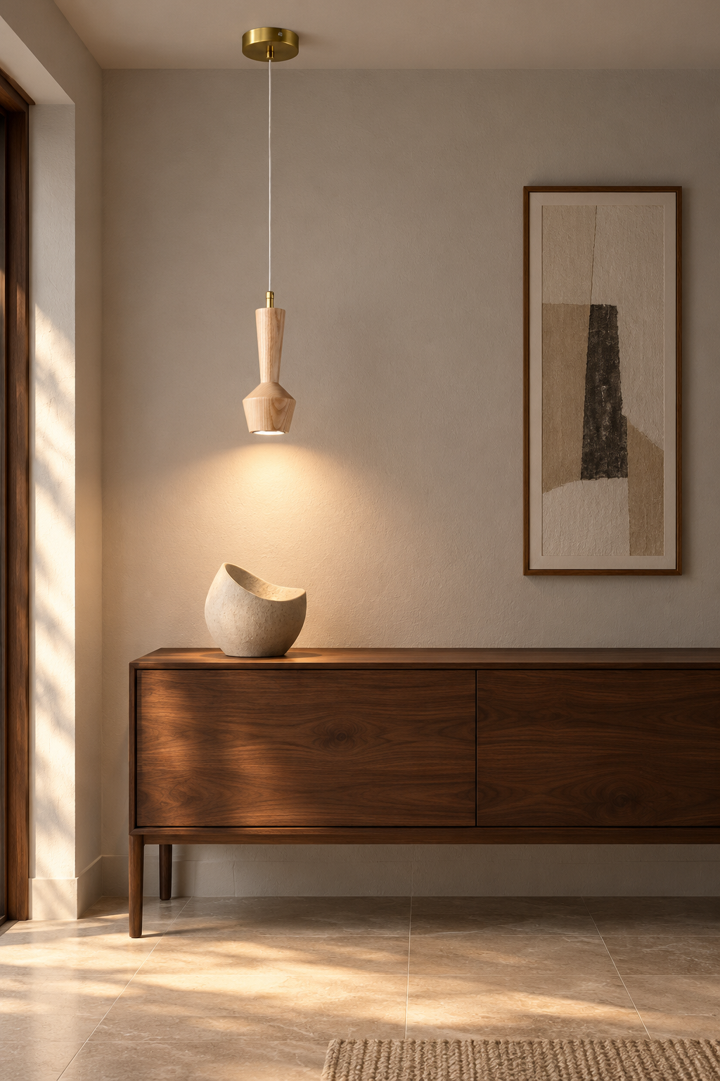 Ash wood mini pendant above a console, light on
