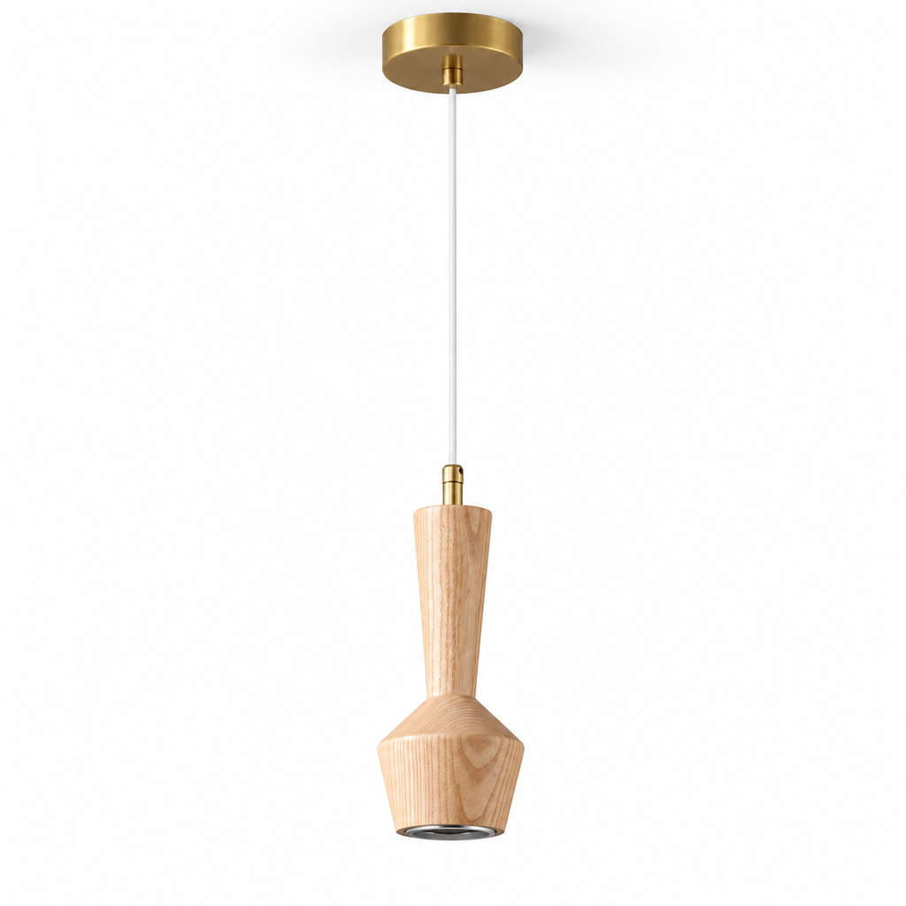 Ash wood mini pendant with complete canopy and cord on a white background, light off