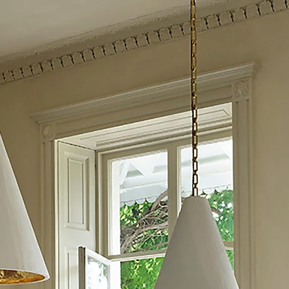 Hand-Textured Plaster Cone Pendant Light detail 02 gold leaf interior