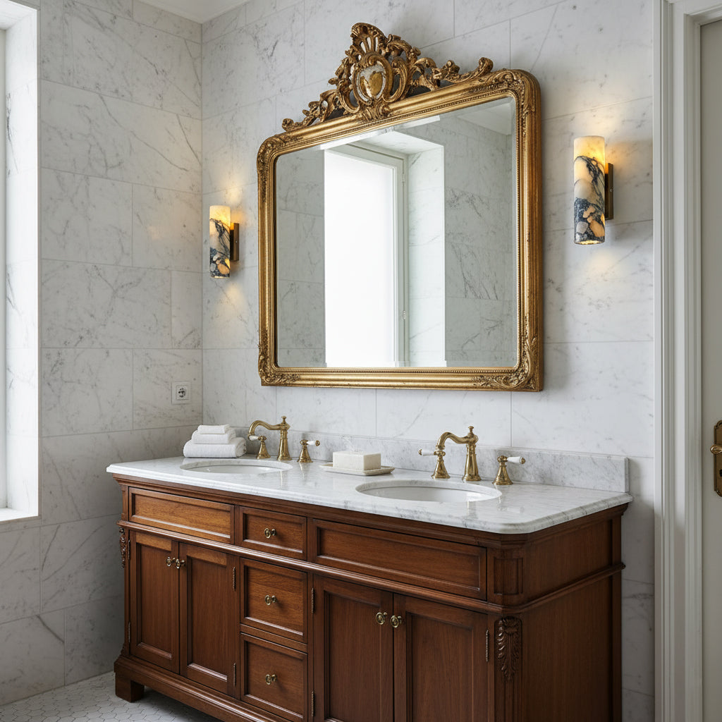 Marble wall sconces with upward and downward light beside a decorative mirror