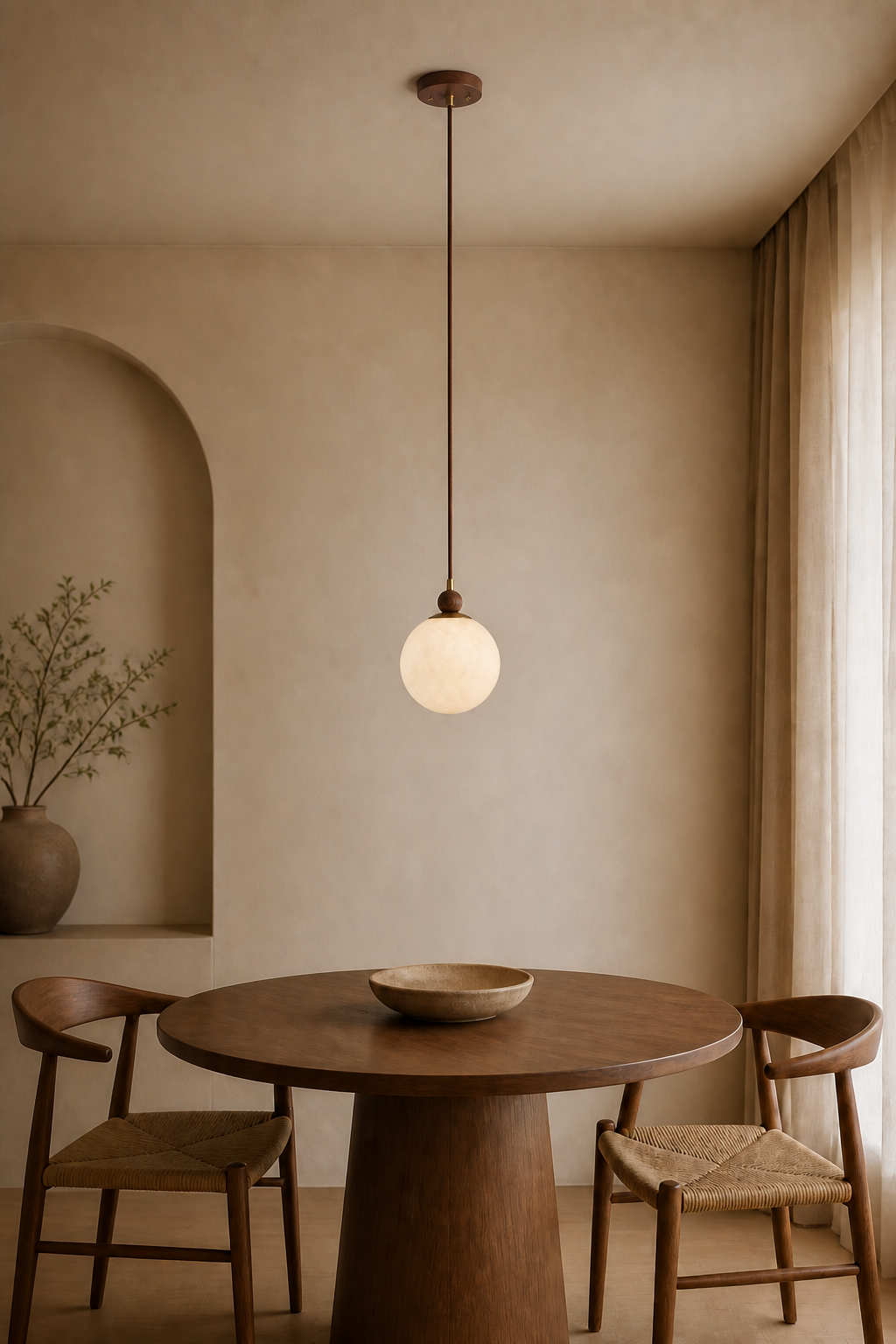 Alabaster Globe Walnut Pendant Light above a round dining table in a warm neutral room