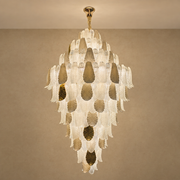Ceramic and Glass Petal Grand Chandelier: complete fixture with layered ivory ceramic, textured glass and gold accents
