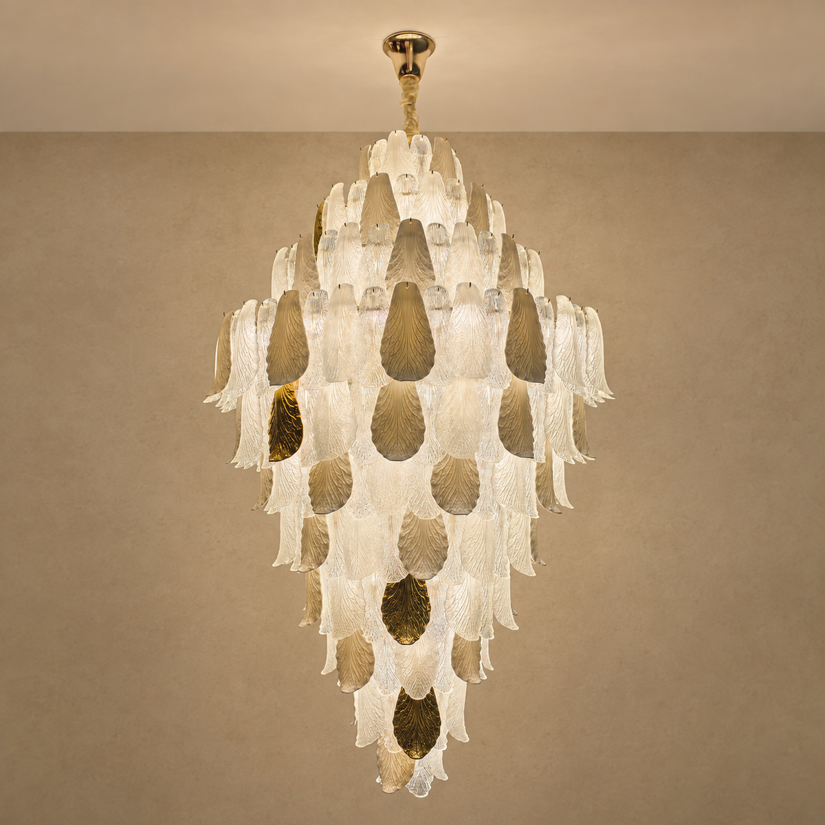 Ceramic and Glass Petal Grand Chandelier: complete fixture with layered ivory ceramic, textured glass and gold accents