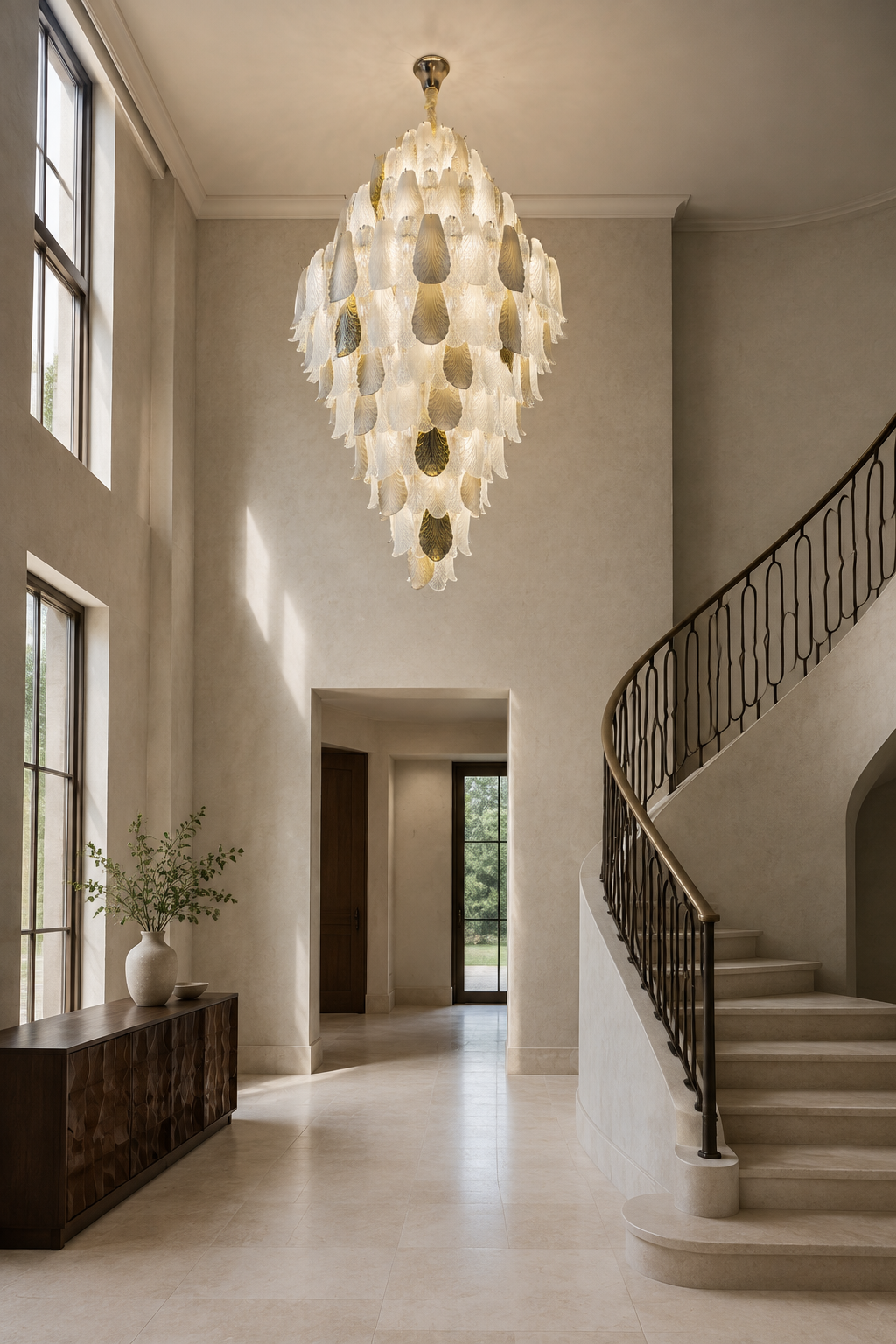 Ceramic and Glass Petal Grand Chandelier: in a bright entry foyer