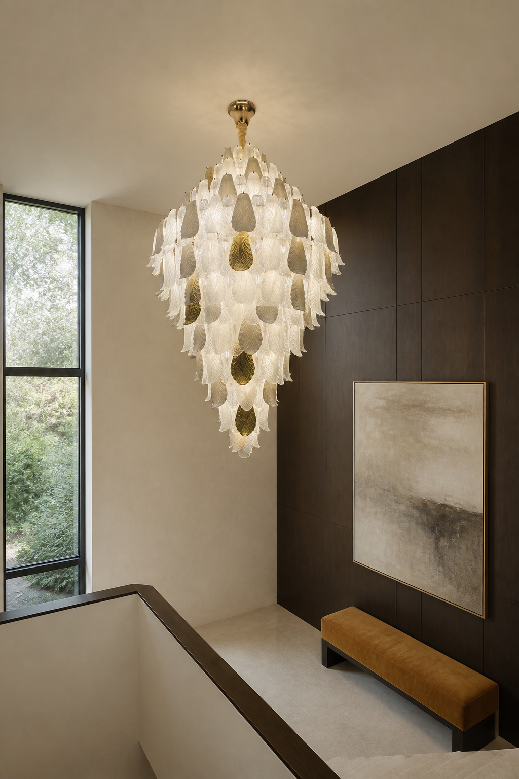 Ceramic and Glass Petal Grand Chandelier: in a tall gallery interior
