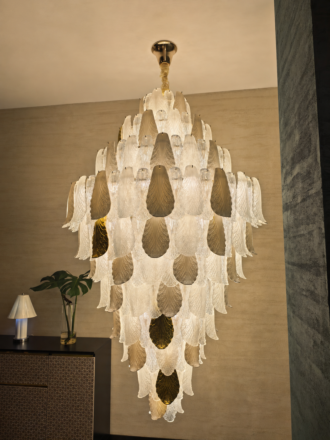 Ceramic and Glass Petal Grand Chandelier: showroom photograph with background distractions removed