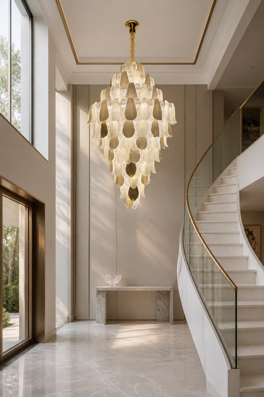 Ceramic and Glass Petal Grand Chandelier: in a tall marble foyer with glass and metal balustrades