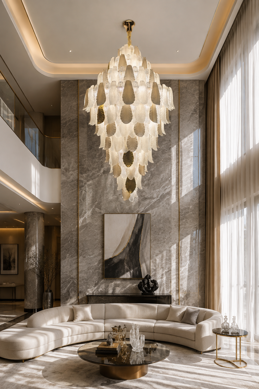 Ceramic and Glass Petal Grand Chandelier: in a double-height living room with metal and glass furniture