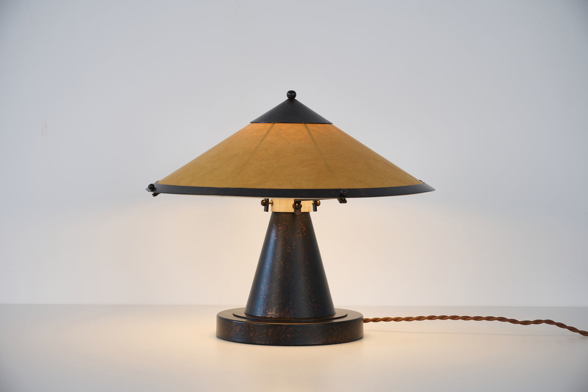 Copper table lamp with Tyvek paper shade switched on, overall view 2