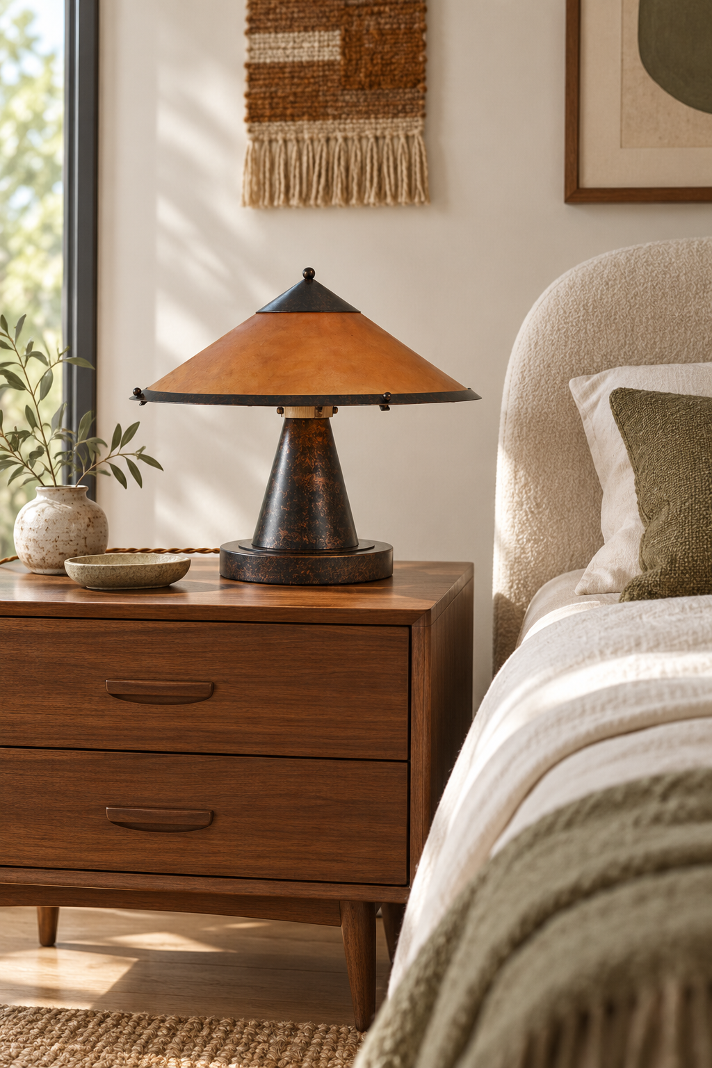 Copper table lamp with Tyvek paper shade switched off in a bright mid-century bedroom