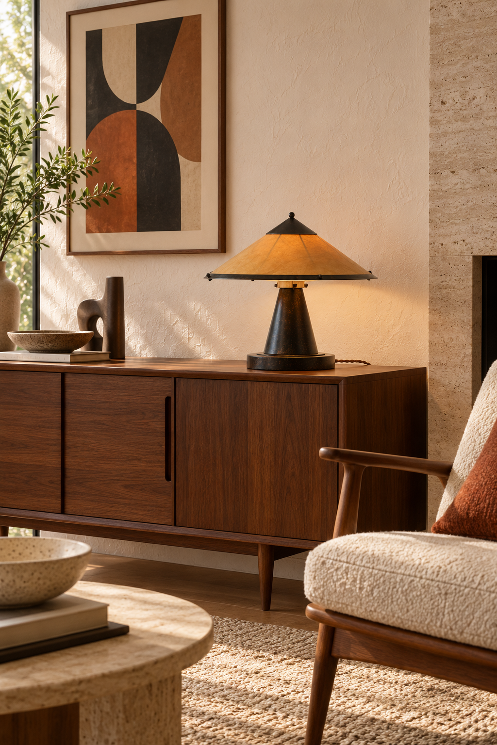 Copper table lamp with Tyvek paper shade glowing on a walnut credenza in a mid-century living room