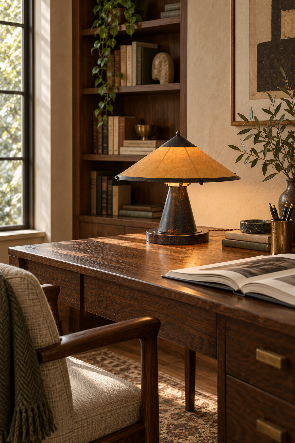 Copper table lamp with Tyvek paper shade glowing on a dark oak desk in a mid-century study
