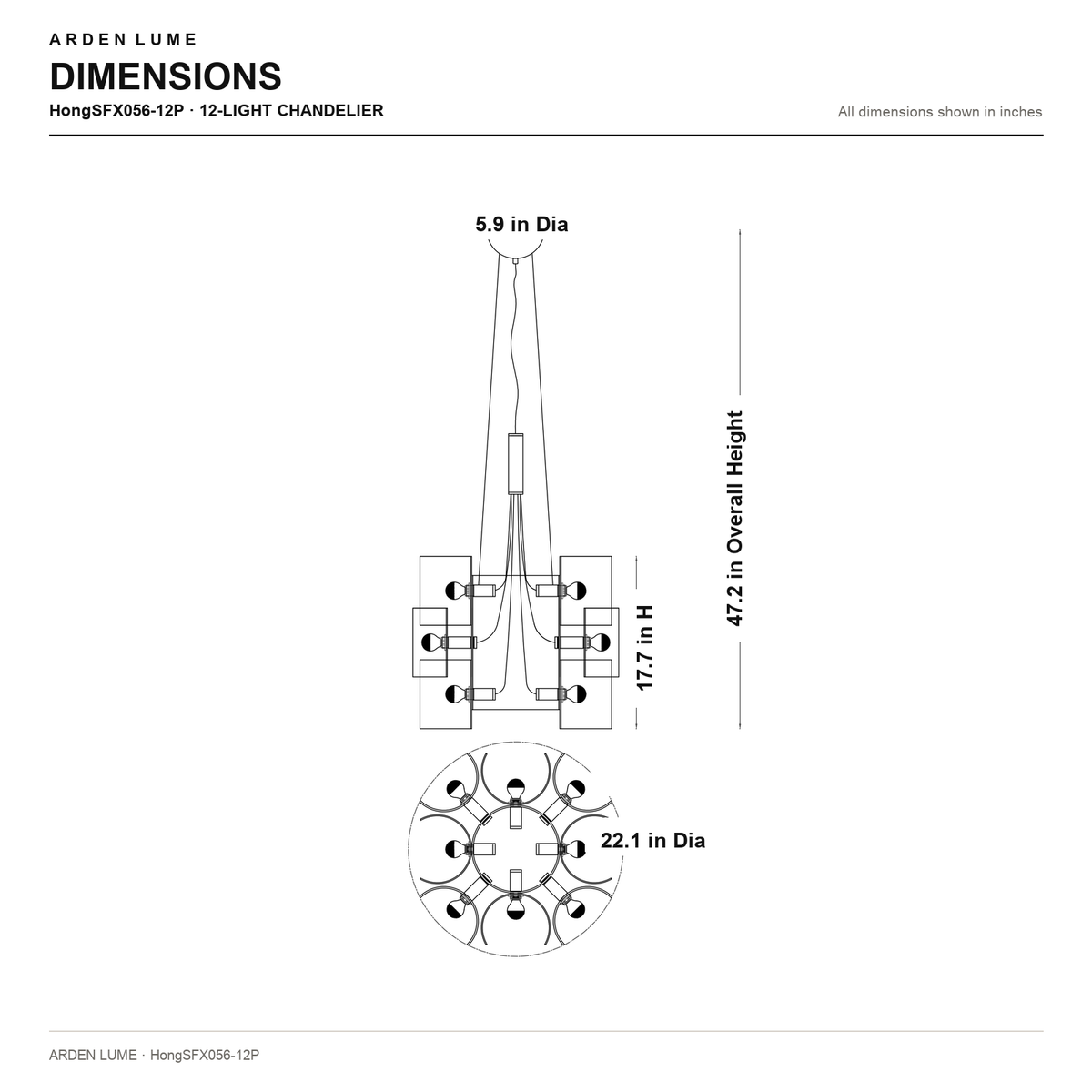 HongSFX056-12P Nivelle 12-light chandelier dimension card