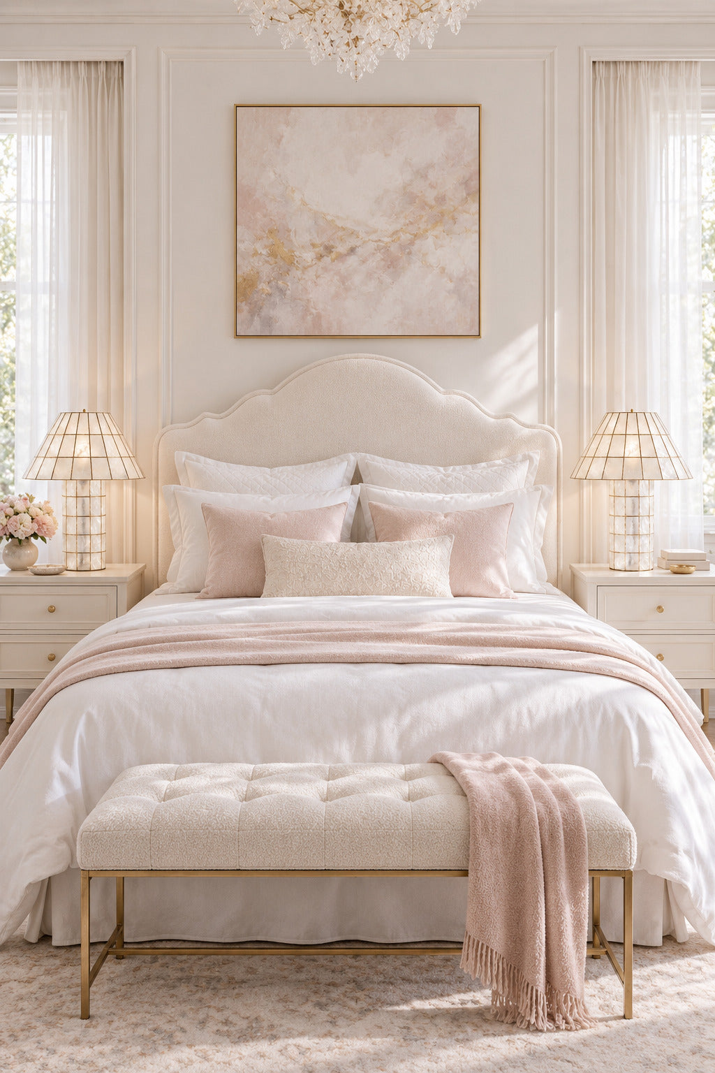 Pair of Ivorelle faceted lattice table lamps illuminated on both sides of an elegant white bedroom