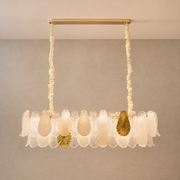 Ceramic and Glass Petal Linear Chandelier: complete fixture with layered ivory ceramic, textured glass and gold accents