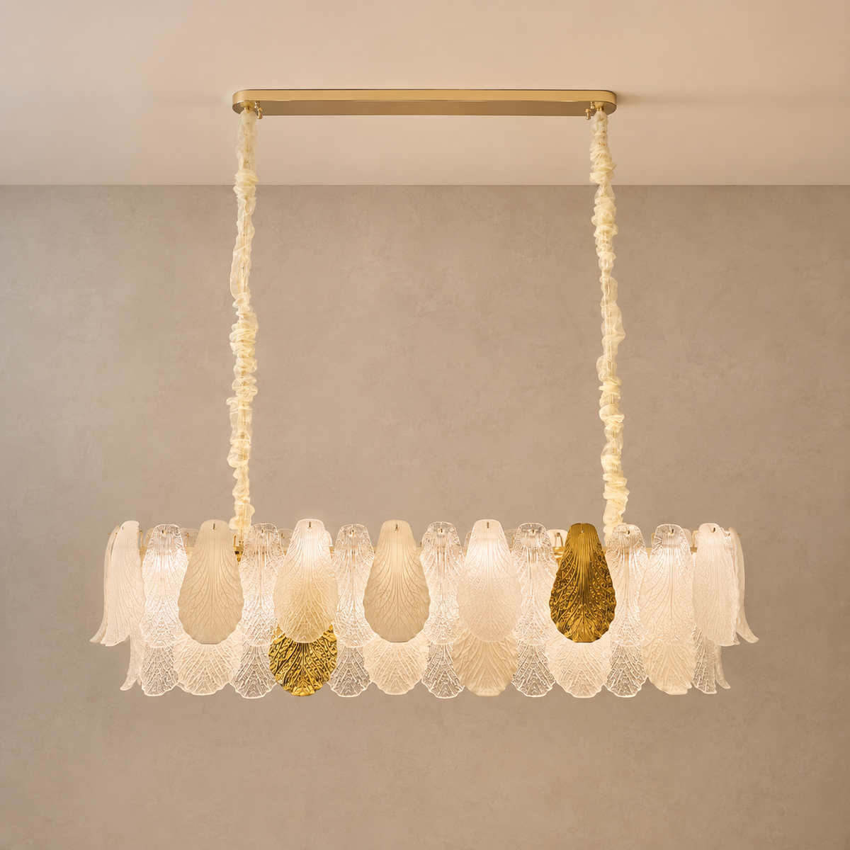 Ceramic and Glass Petal Linear Chandelier: complete fixture with layered ivory ceramic, textured glass and gold accents