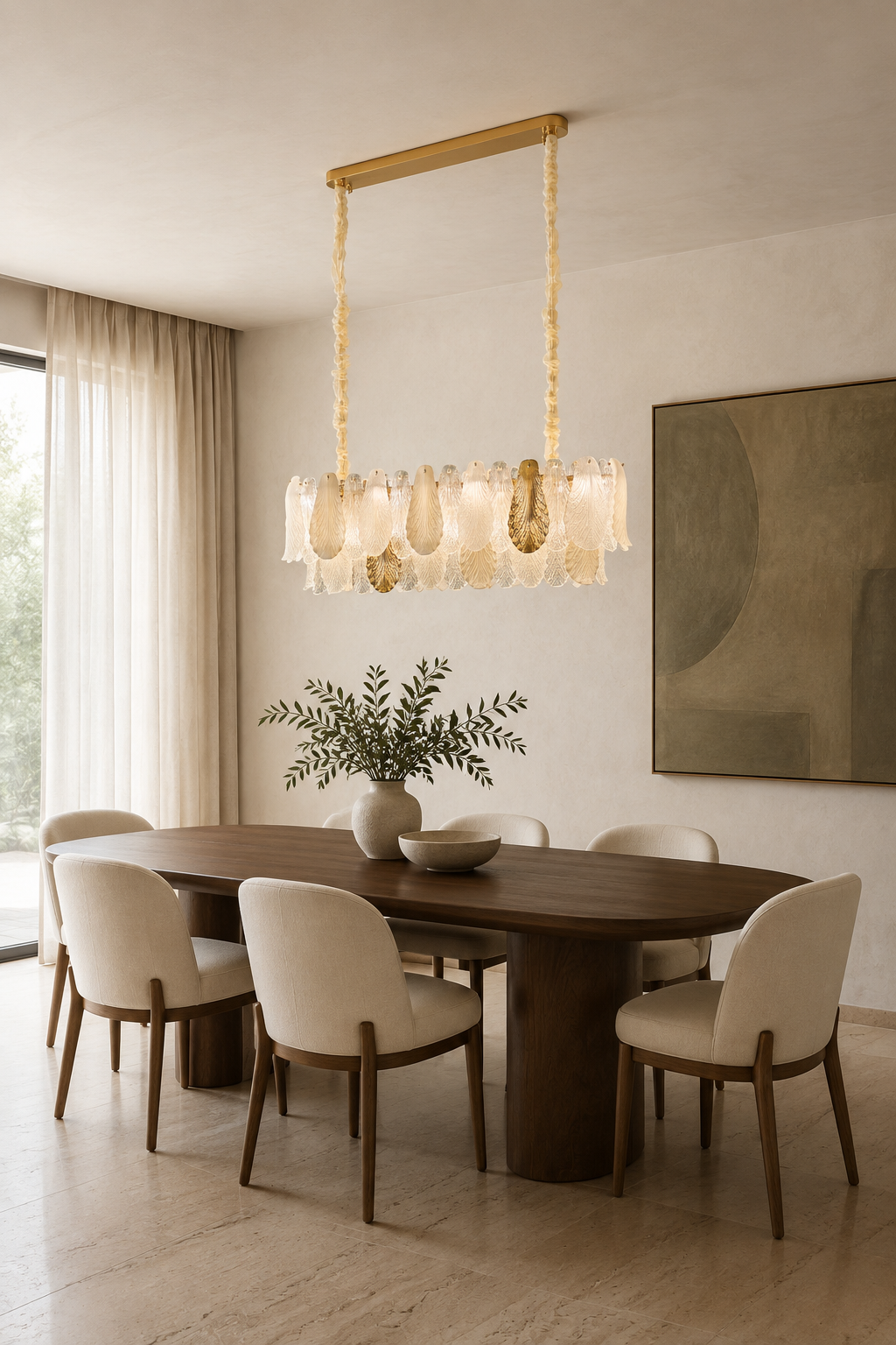 Ceramic and Glass Petal Linear Chandelier: in a dining room setting