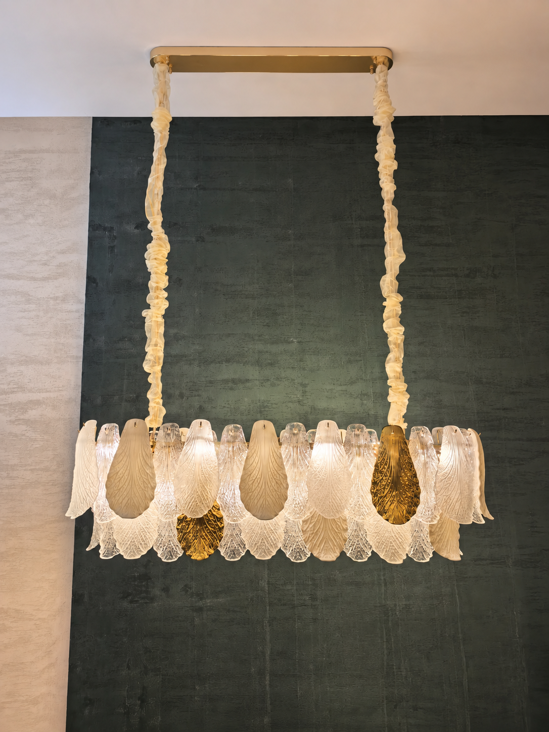 Ceramic and Glass Petal Linear Chandelier: showroom photograph with background distractions removed