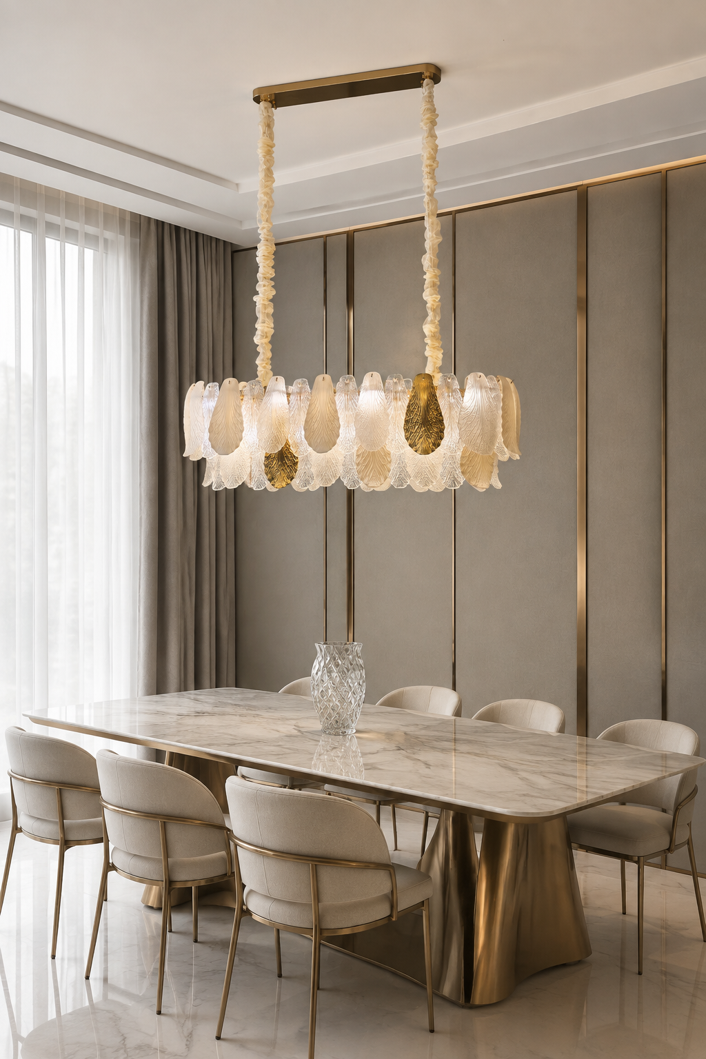Ceramic and Glass Petal Linear Chandelier: above a marble dining table with metallic accents