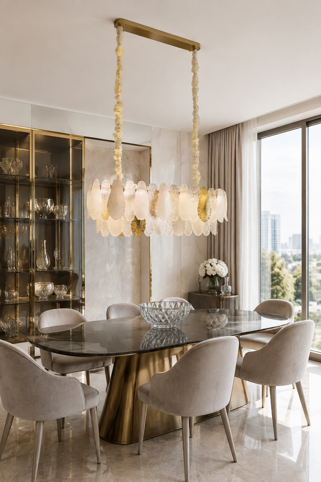 Ceramic and Glass Petal Linear Chandelier: above a glass dining table in an elegant interior