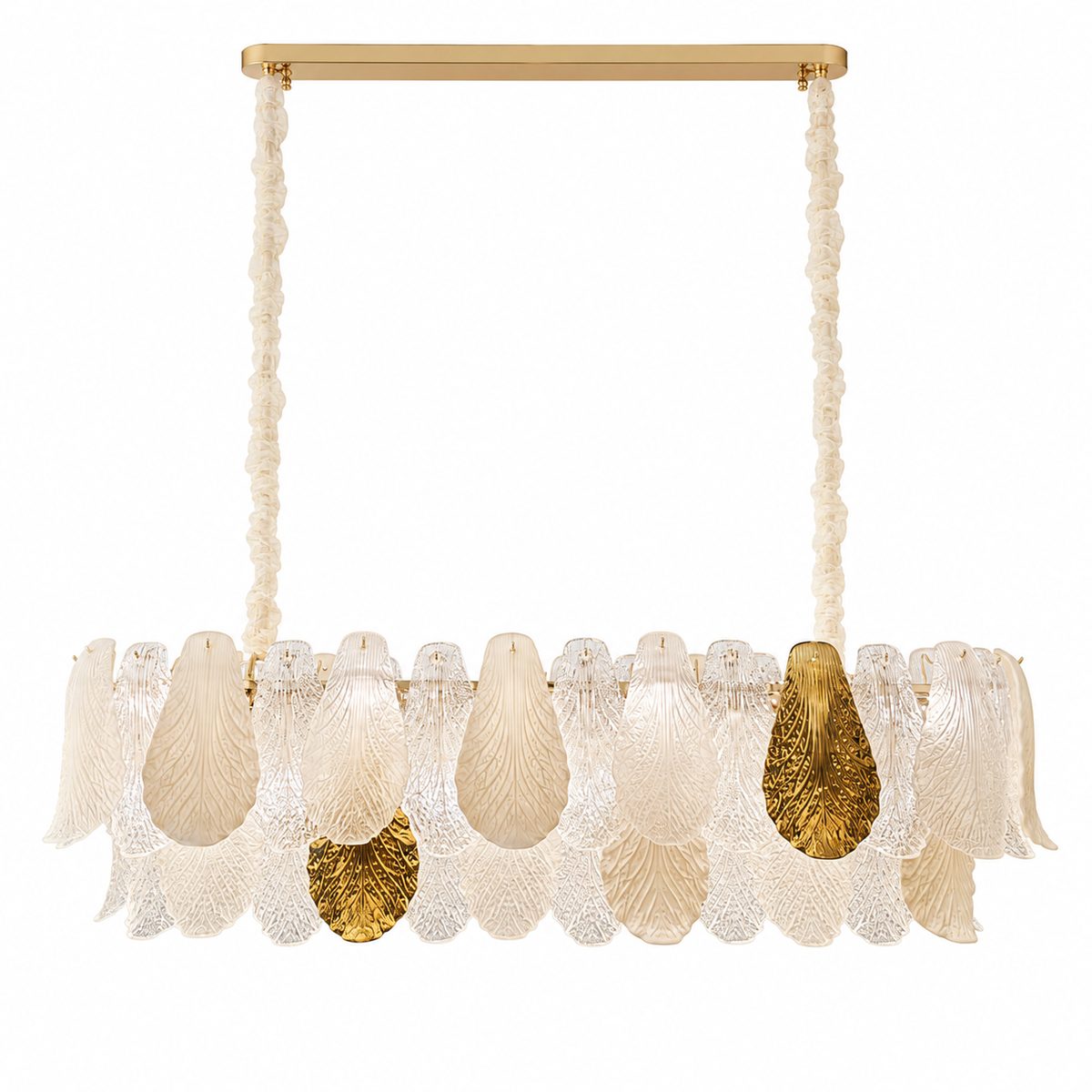 Ceramic and Glass Petal Linear Chandelier: complete fixture on a white background