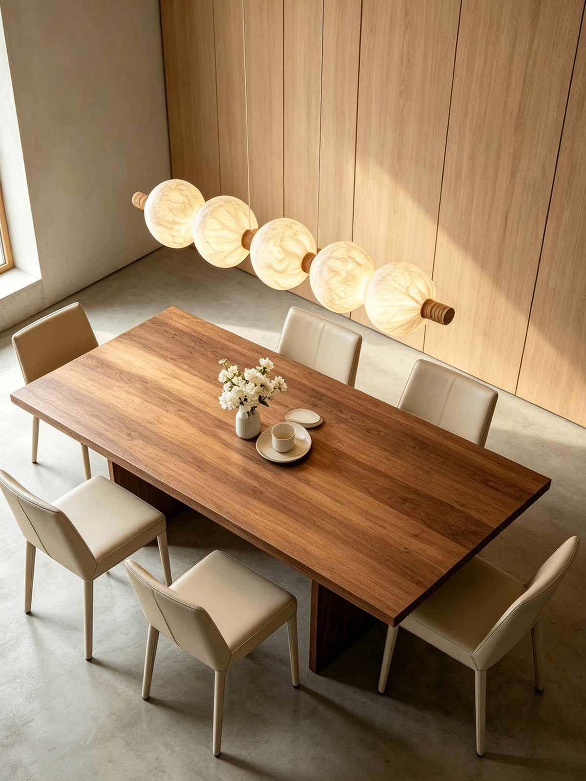 Five-globe natural mulberry silk linear pendant with wood details above a dining table, viewed from above