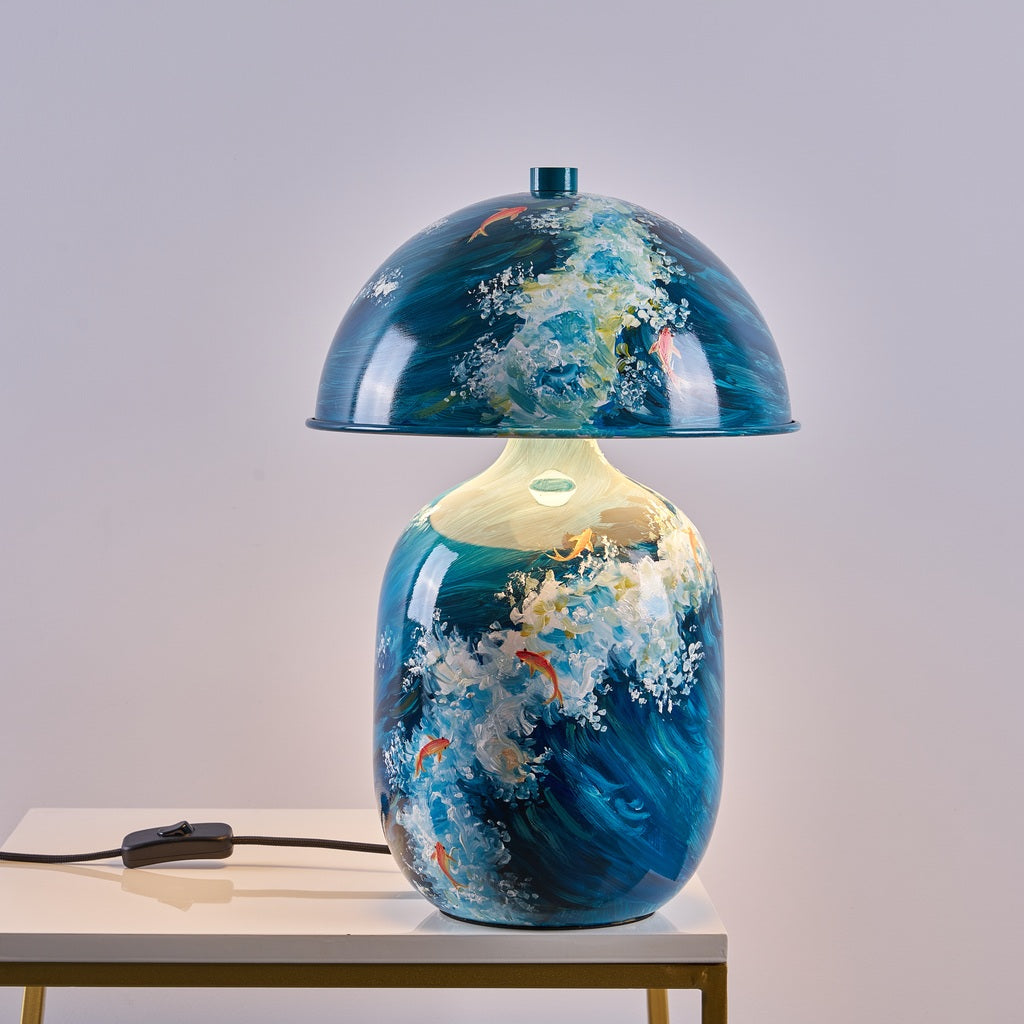 Lotavelle Blue Koi Ceramic Table Lamp — genuine product photograph with light on