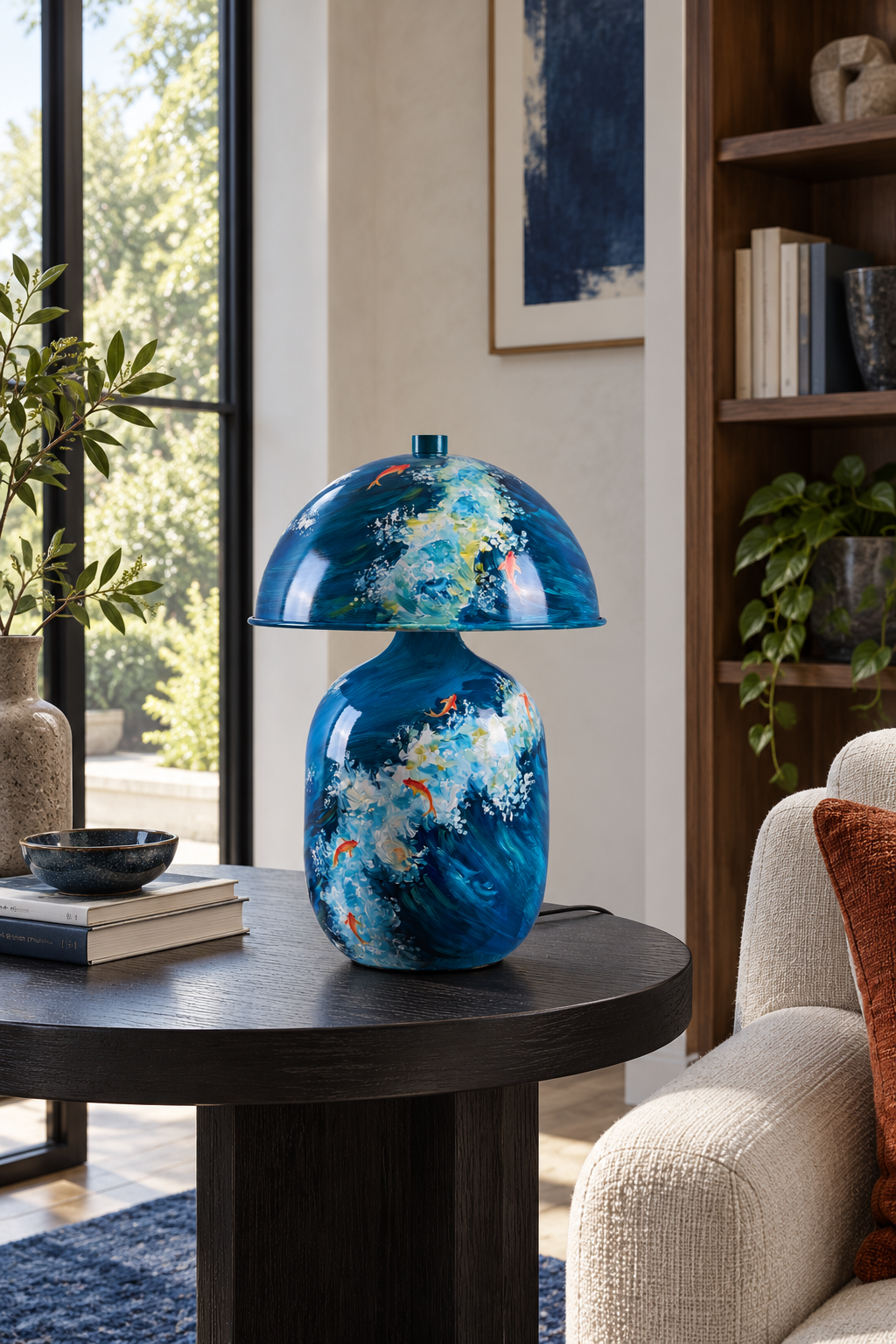 Lotavelle Blue Koi Ceramic Table Lamp — interior scene with lamp switched off