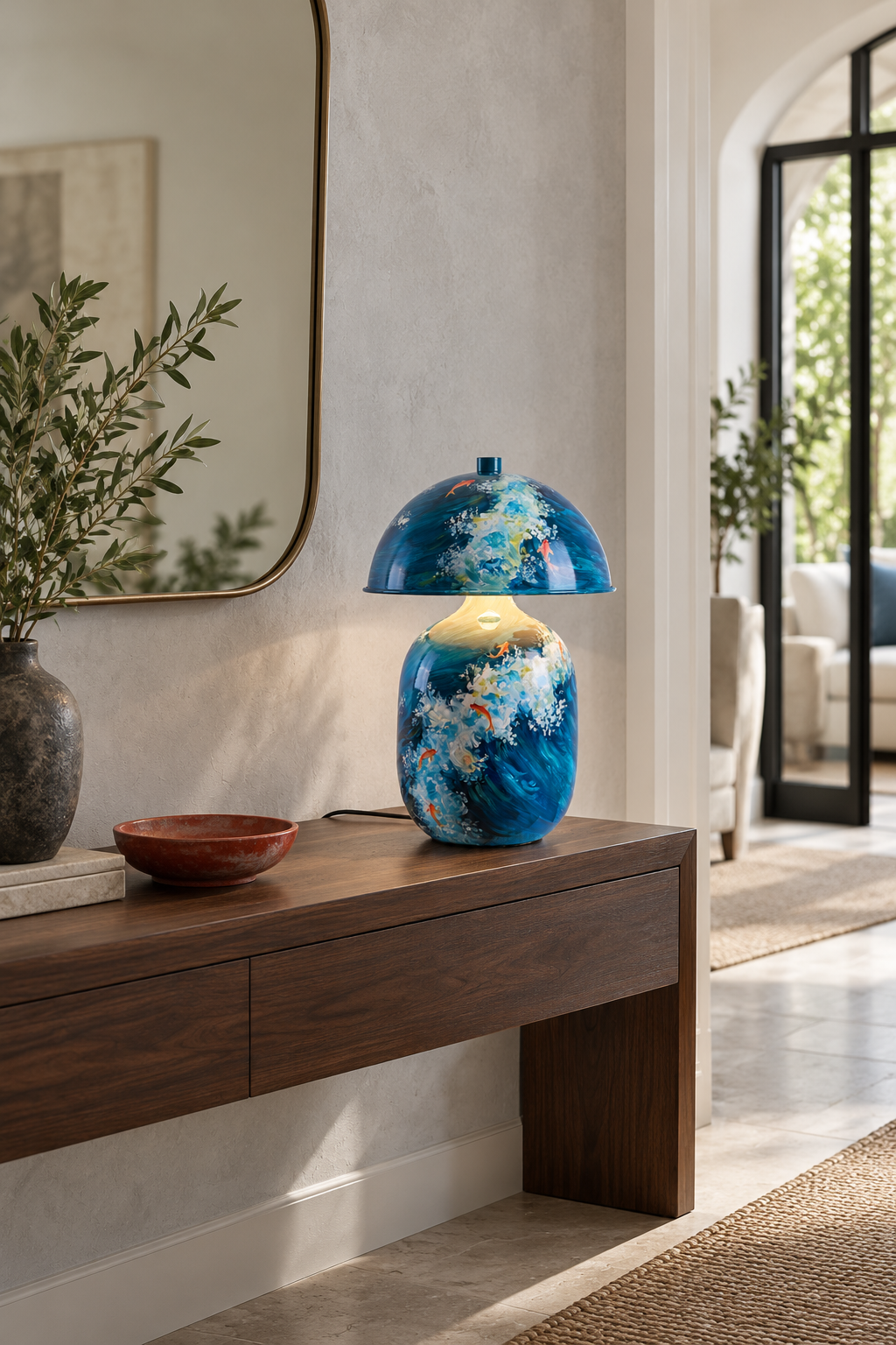 Lotavelle Blue Koi Ceramic Table Lamp — interior scene with lamp switched on