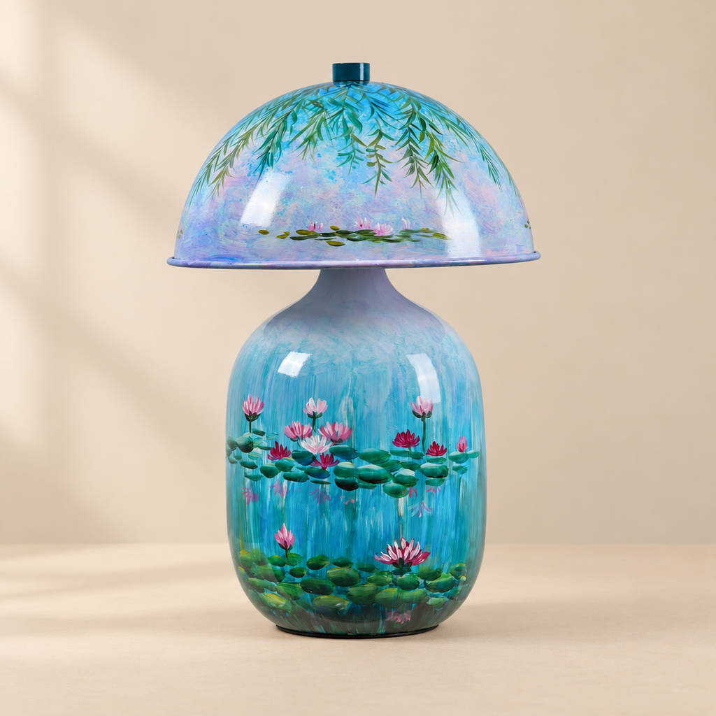 Lotavelle Blue Water Lily Ceramic Table Lamp with blue finial, switched off against a warm beige background