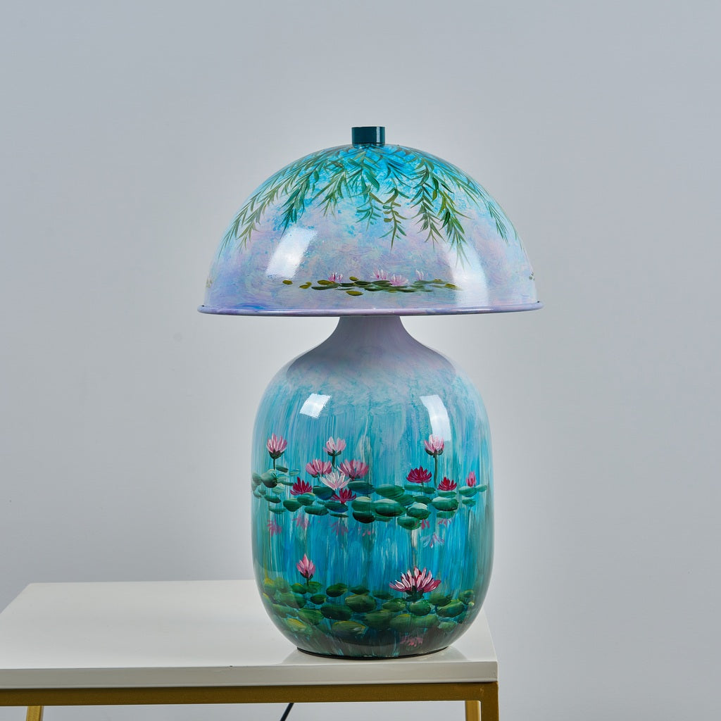 Lotavelle Blue Water Lily Ceramic Table Lamp — genuine product photograph with light off