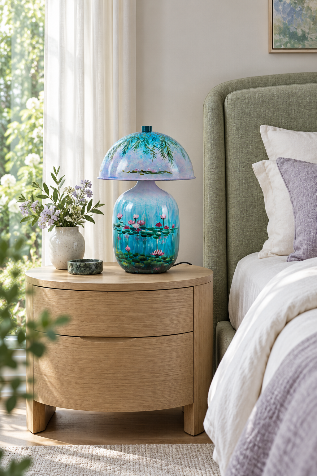 Lotavelle Blue Water Lily Ceramic Table Lamp — interior scene with lamp switched off