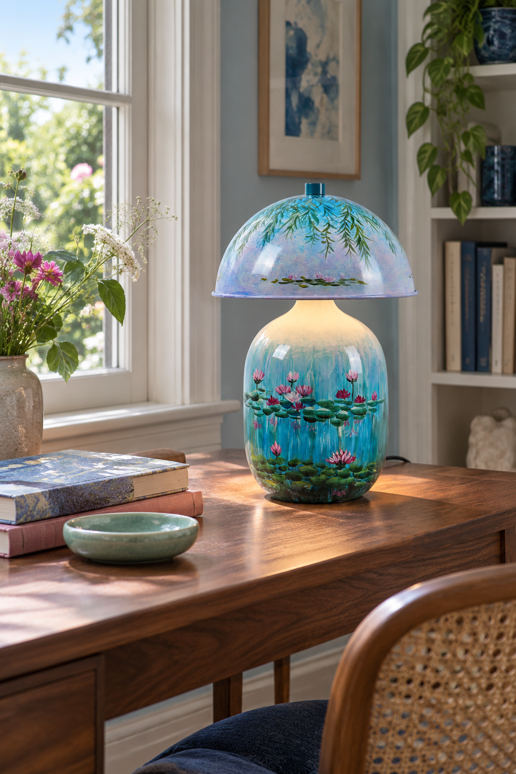 Lotavelle Blue Water Lily Ceramic Table Lamp — interior scene with lamp switched on