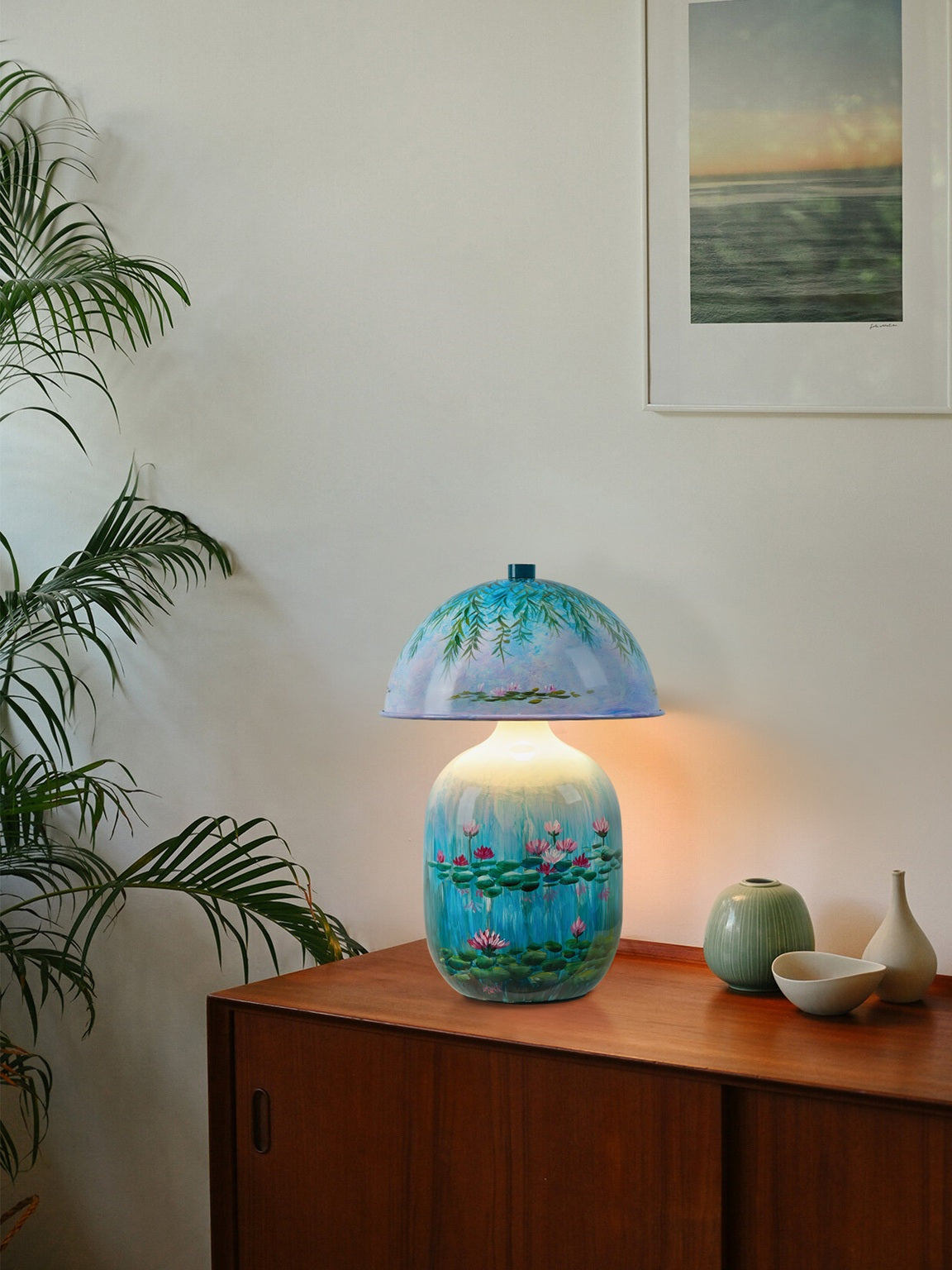 Lotavelle Blue Water Lily Ceramic Table Lamp — original interior scene 1