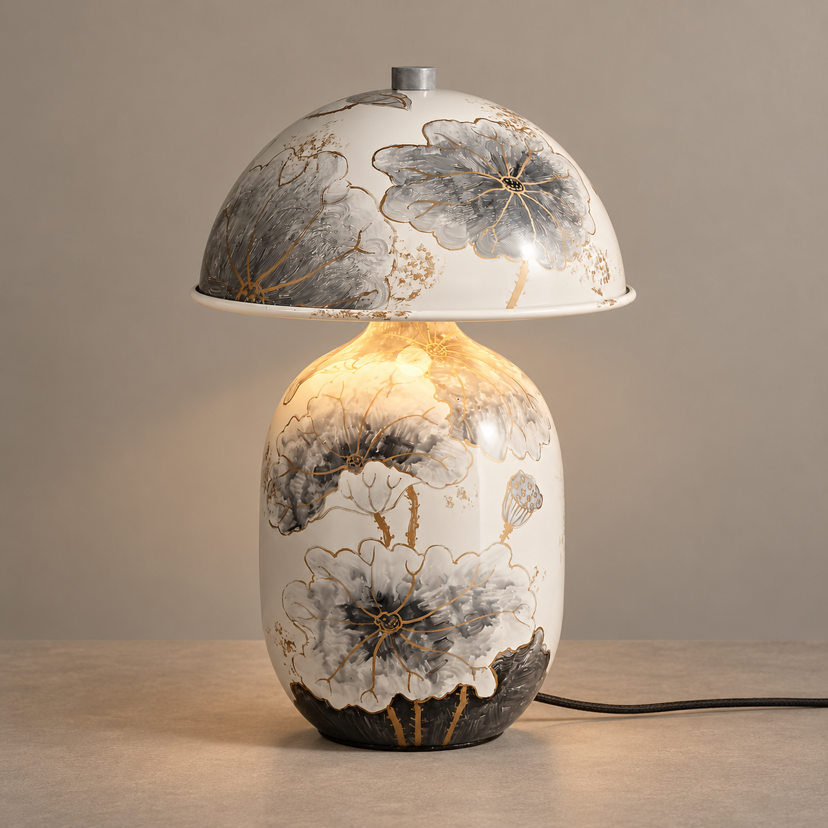 Lotavelle ceramic table lamp with ink-style lotus leaves on a taupe surface