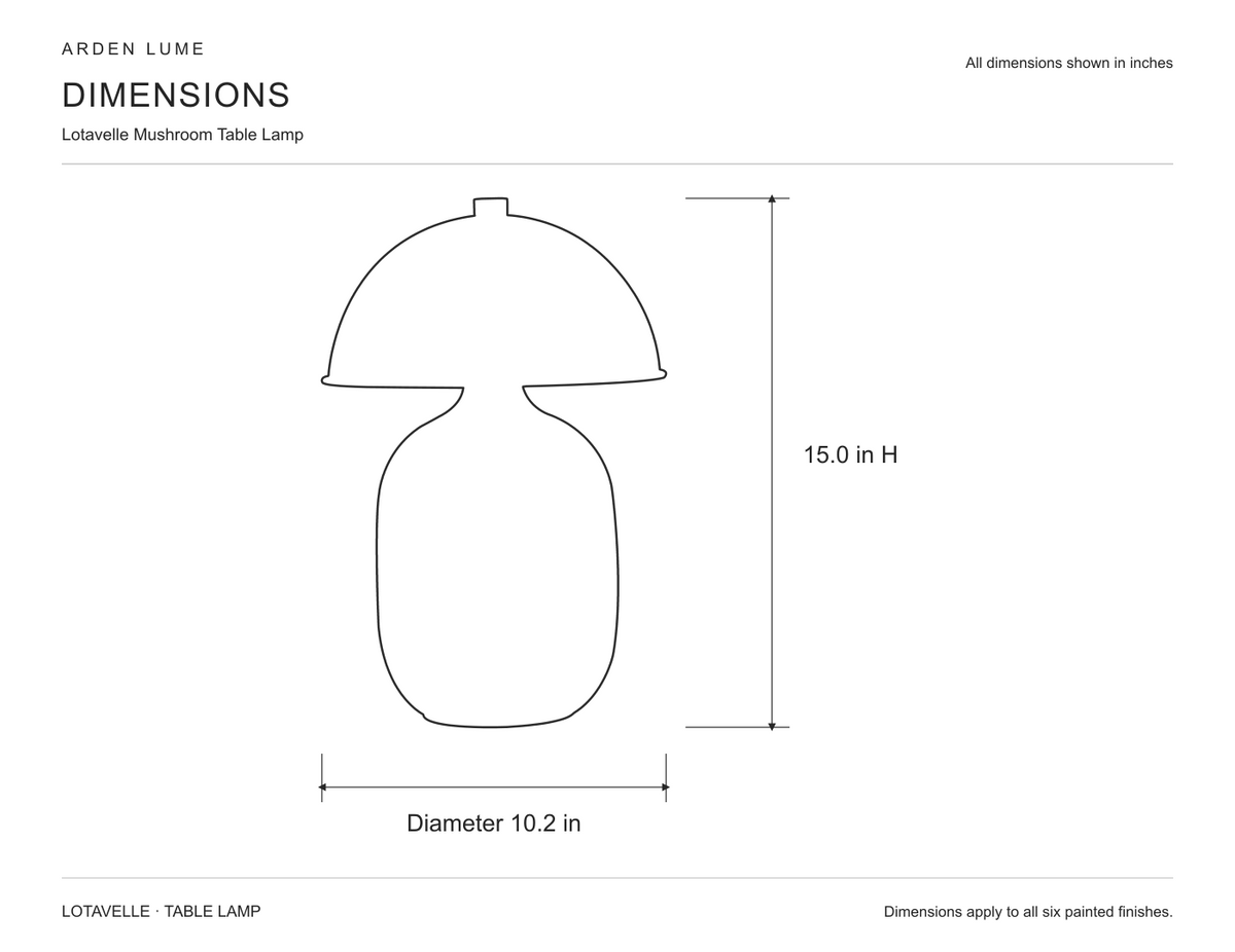 Lotavelle mushroom table lamp technical dimensions: diameter 10.2 inches, height 15.0 inches