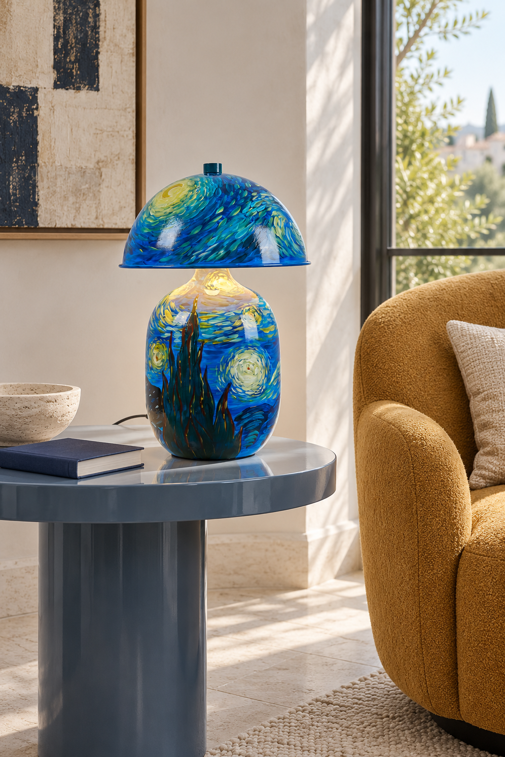 Lotavelle Starry Sky Ceramic Table Lamp — interior scene with lamp switched on