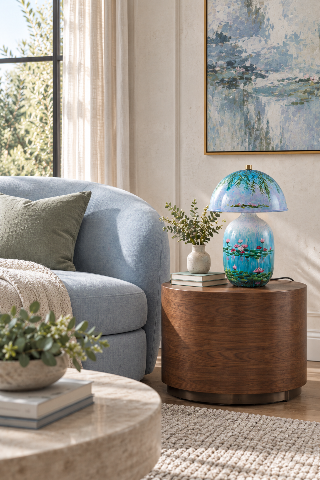 Blue Water Lily ceramic table lamp switched off on a walnut side table beside a pale blue sofa
