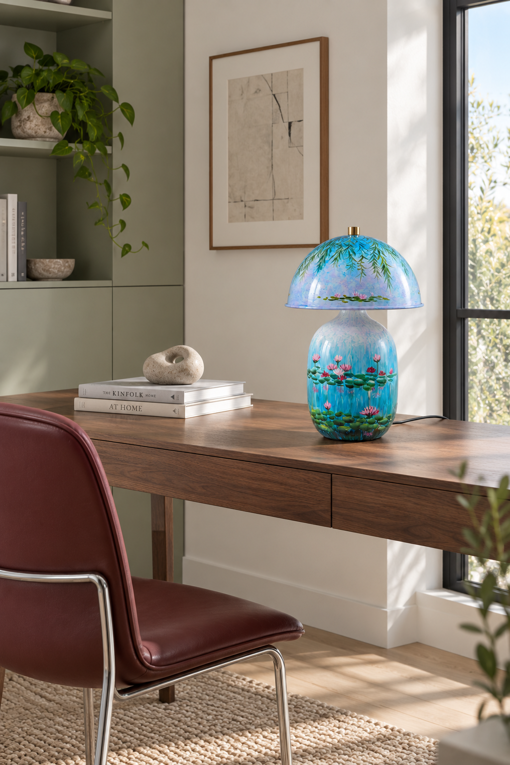Blue Water Lily ceramic table lamp switched off on a walnut desk with sage cabinetry and a burgundy chair