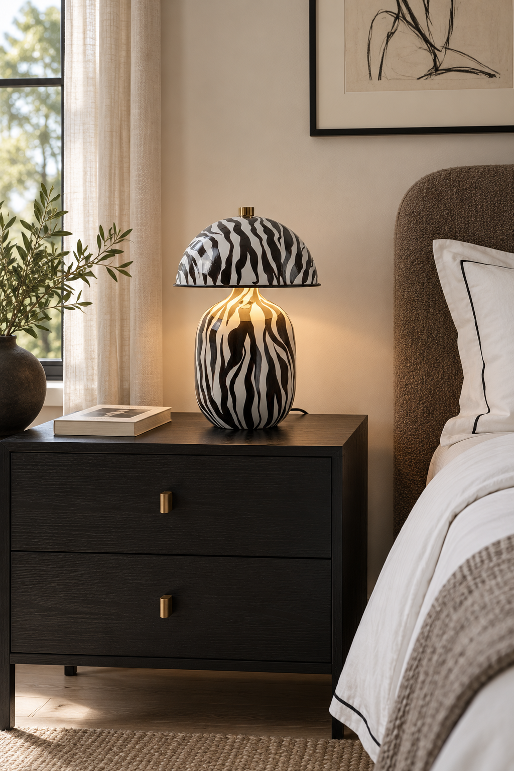 Lotavelle Zebra Ceramic Table Lamp — interior scene with lamp switched on
