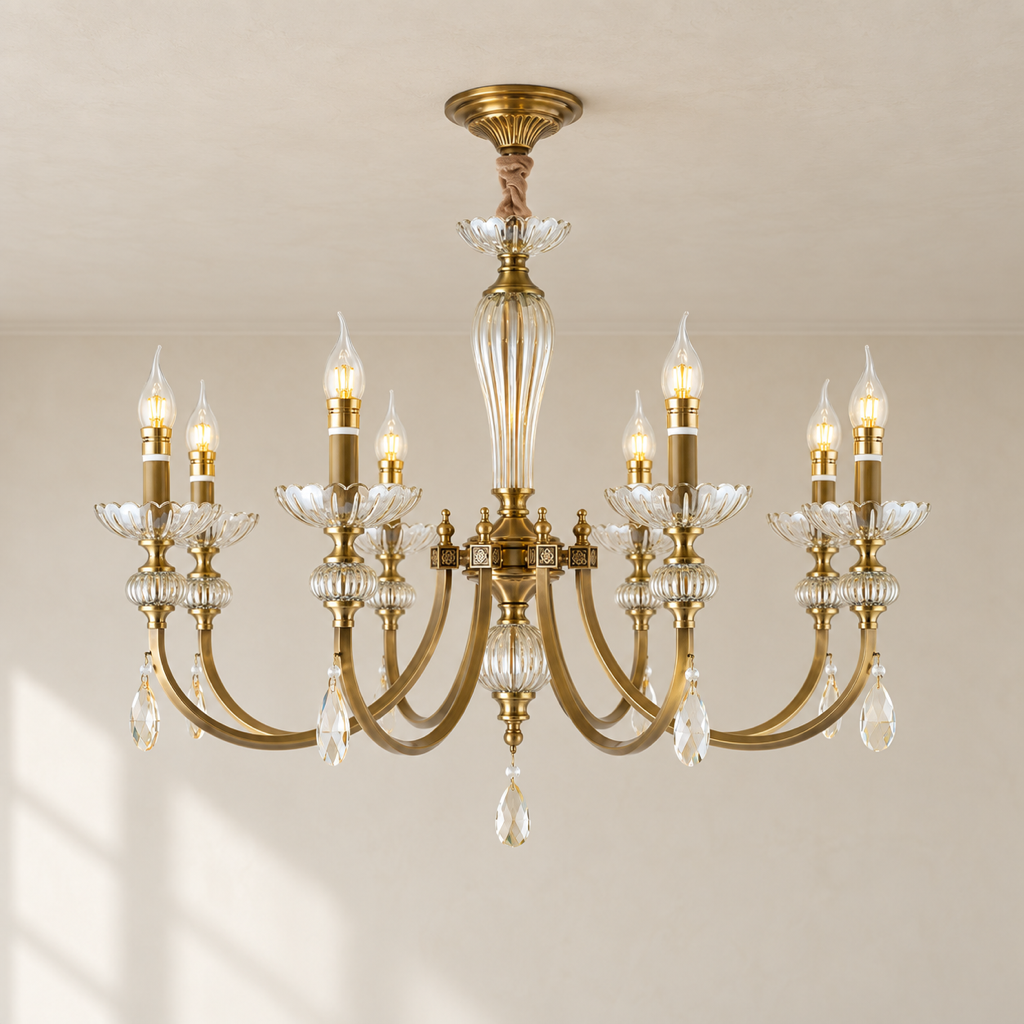 Lucerayne eight-light fluted glass and crystal candle chandelier in a light warm-neutral setting